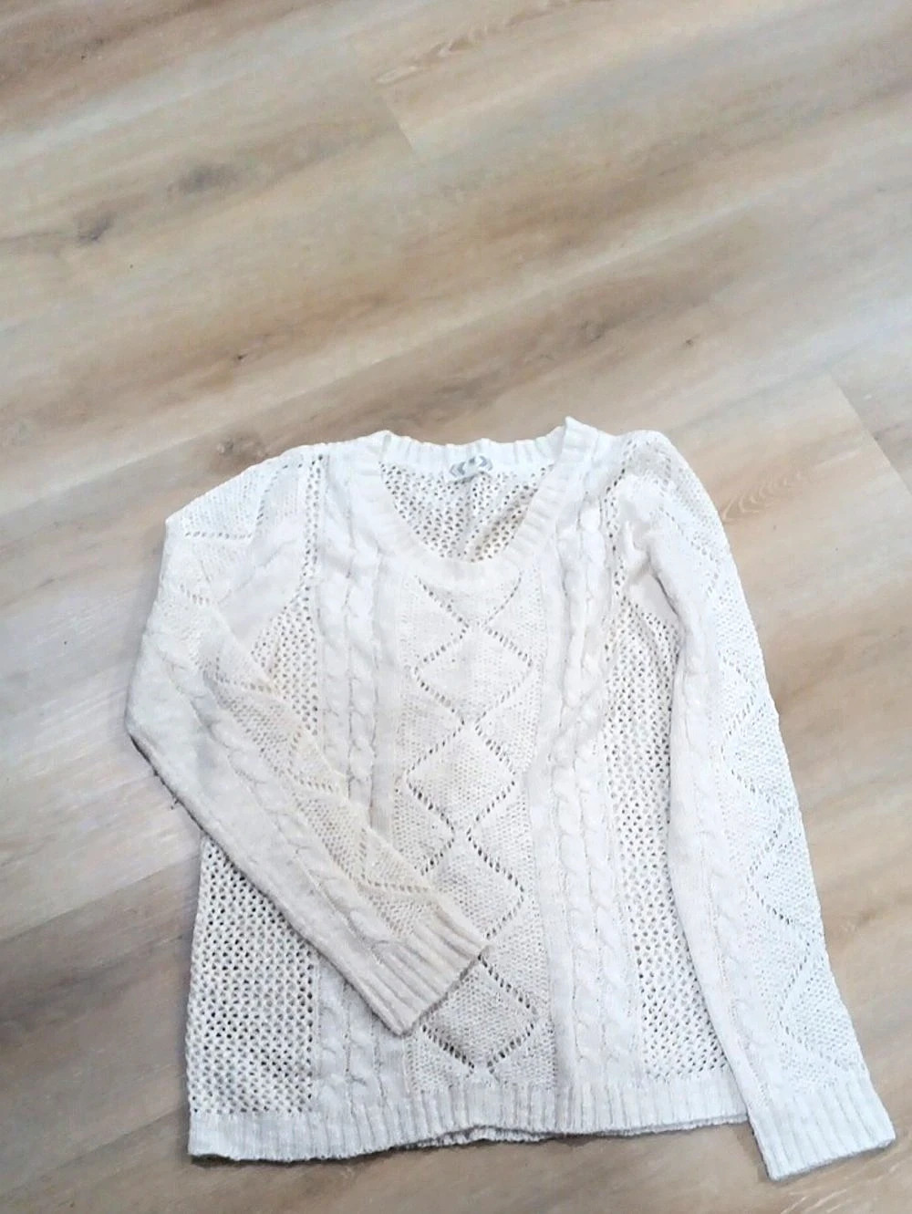 Pink Rose  Light Weight Cable Knit Crewneck Sweater in White